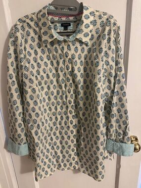 Talbots Cream Shirt with Blue Leaf Motif